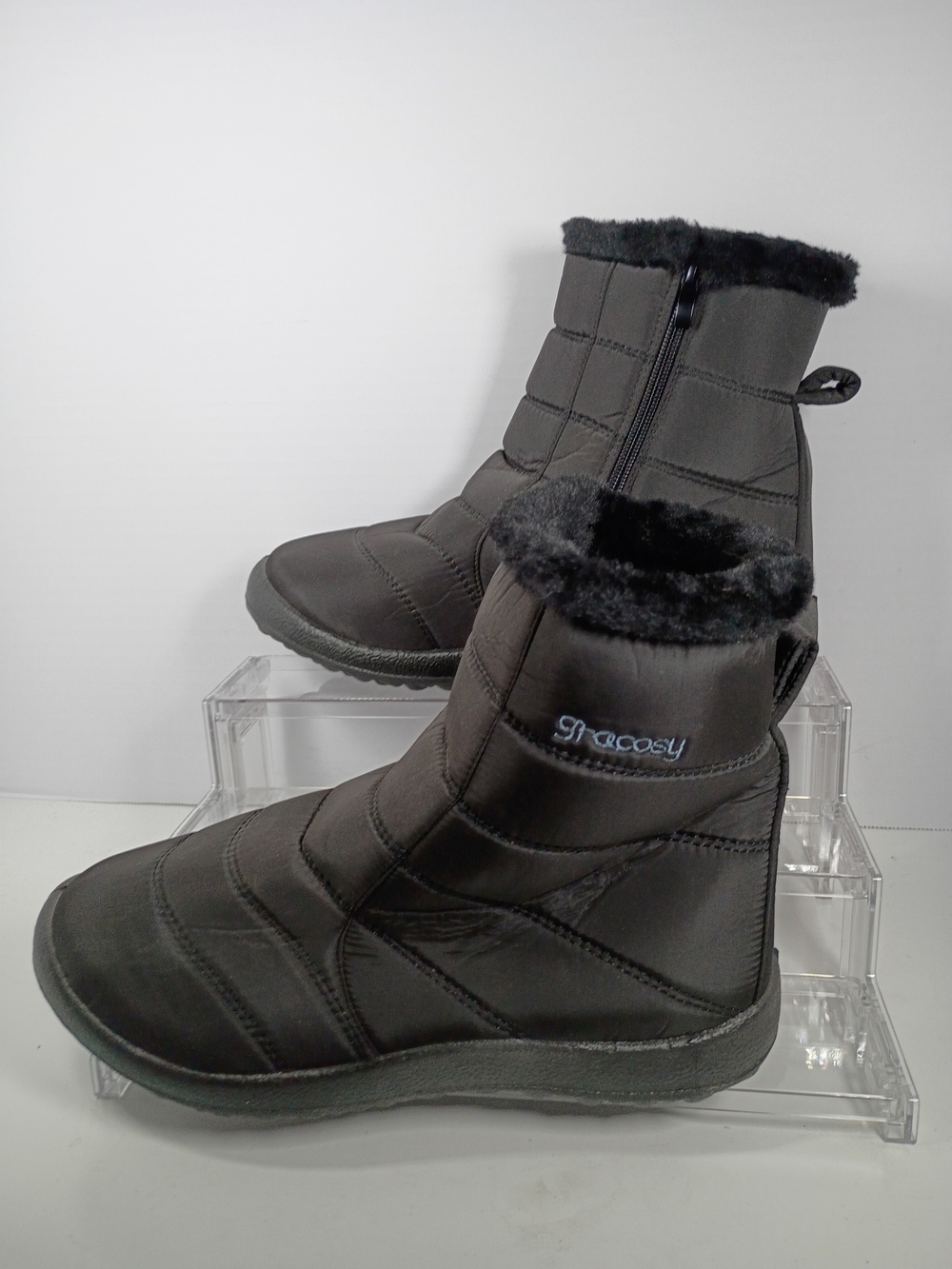 Gracosy Black Faux Fur Lined Zip Ankle Snow Boots Fur Trim Round Toe Women's 10